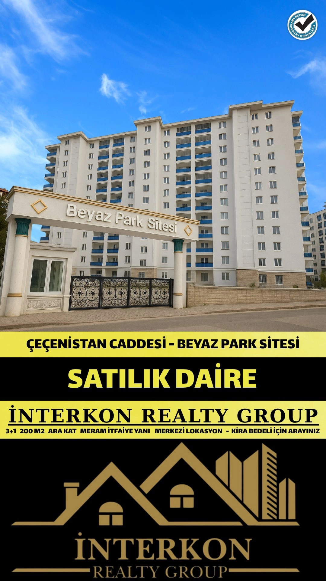 ÇEÇENİSTAN CADDESİ MERAM İTFAİYE YANI – 3+1 GENİŞ SATILIK DAİRE! (BEYAZ PARK SİTESİ)